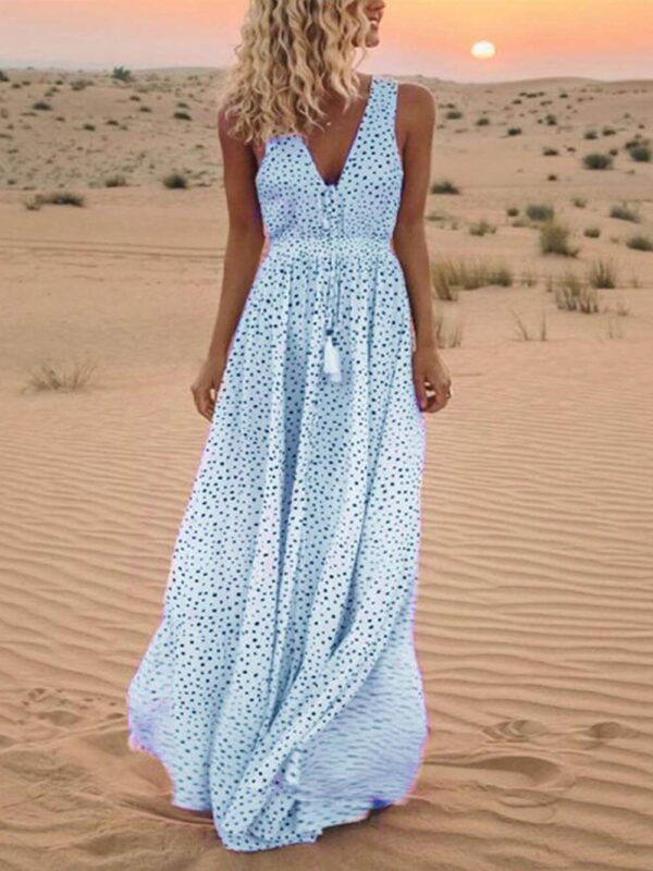 Bohemian V-Neck Sleeveless Polka-Dot Maxi Skirt - Image 3