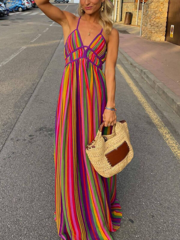 Rainbow Stripe Print V-Neck Maxi Dress - Image 3