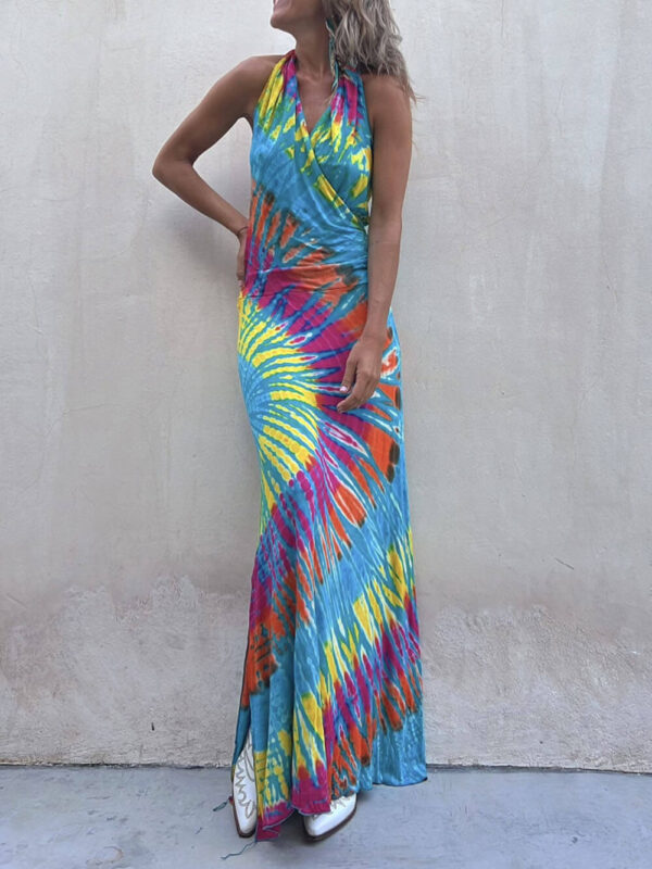 Tie-Dye Print Halter Backless Stretch Maxi Dress - Image 3