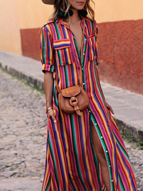 Casual Striped Printed Shirt Maxi Skirt - Image 2