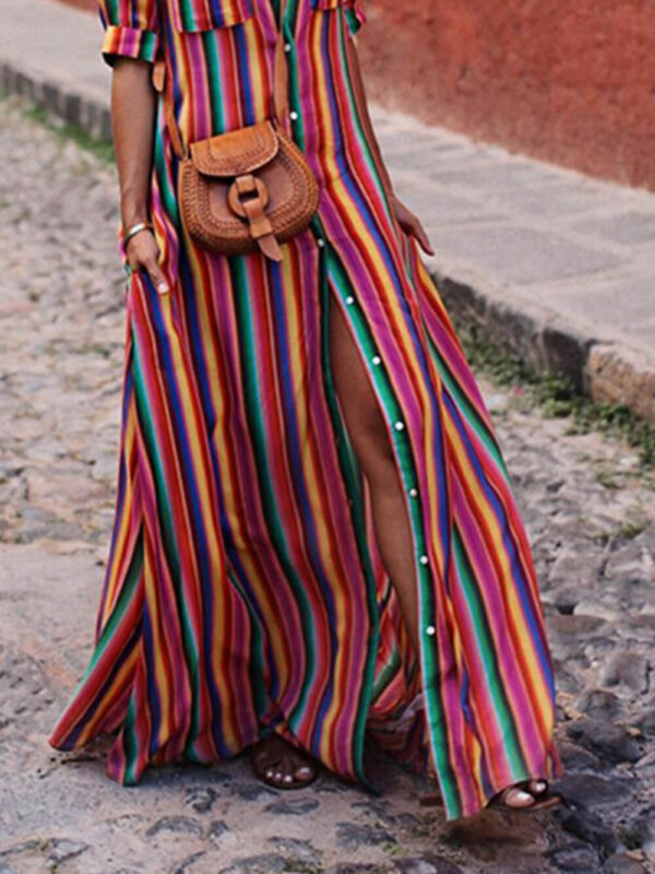 Casual Striped Printed Shirt Maxi Skirt - Image 3