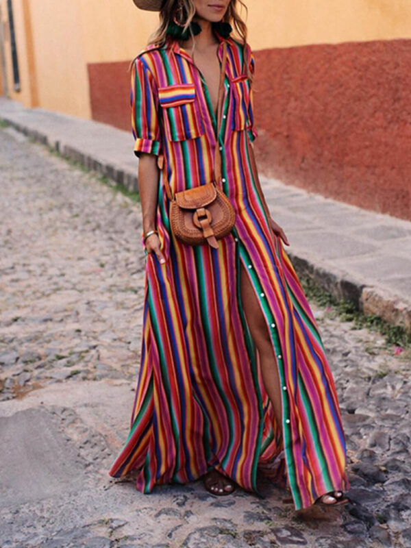 Casual Striped Printed Shirt Maxi Skirt