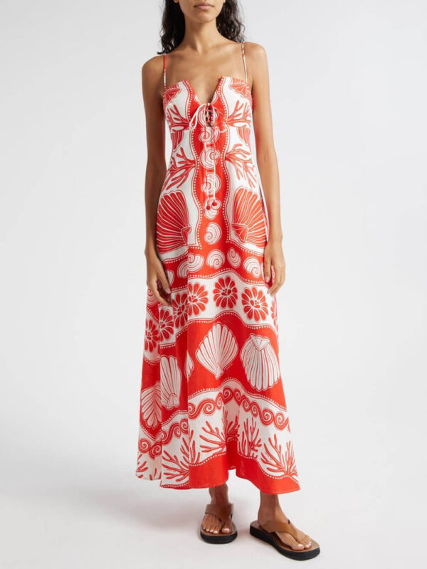 Shell Unique Print Front Lace-Up Loose Maxi Dress - Image 4