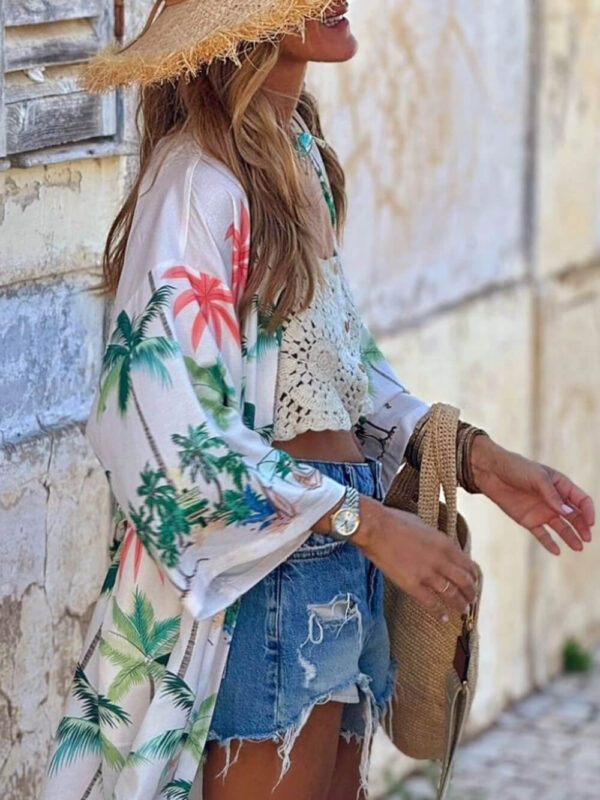 Vacation Style Botanical Print Tie-Waist Long Cover-Up Dress - Image 3