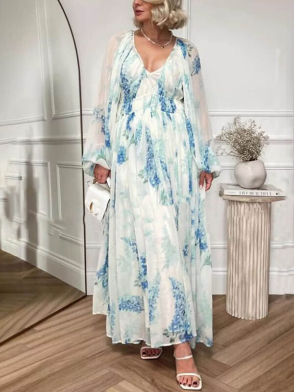 Ocean Flower Chiffon Floral Drawstring Waist Maxi Dress - Image 3