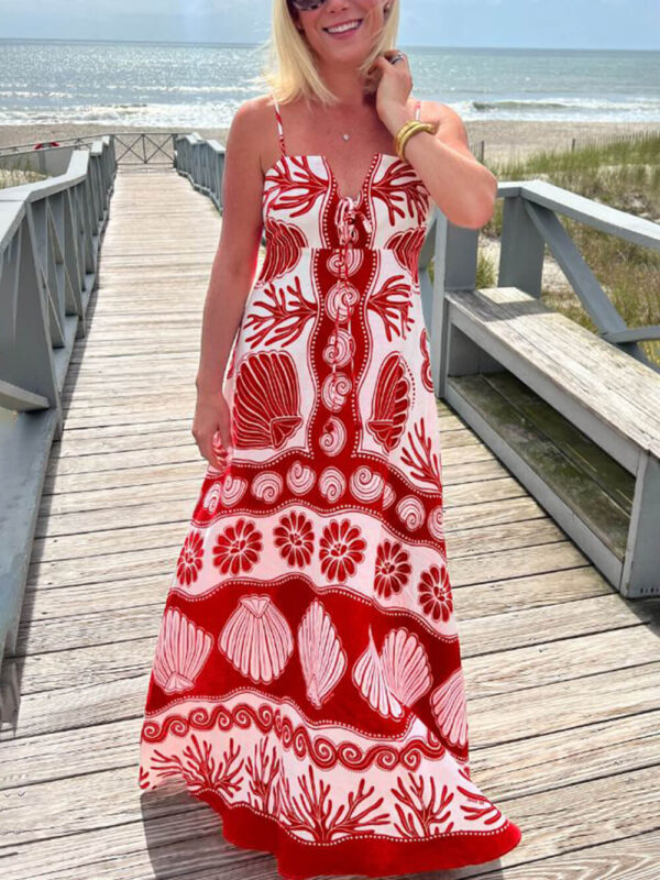 Shell Unique Print Front Lace-Up Loose Maxi Dress - Image 3