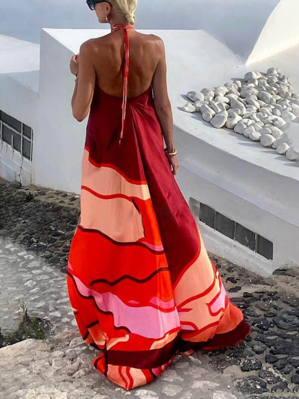 Summer Vacation Style Halter Neck Printed Backless A-Line Maxi Dress - Image 4