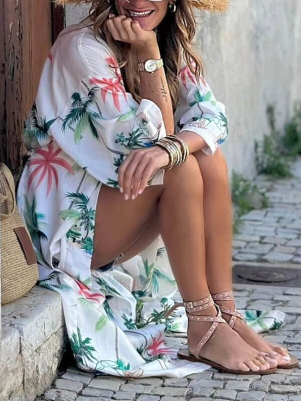 Vacation Style Botanical Print Tie-Waist Long Cover-Up Dress - Image 4