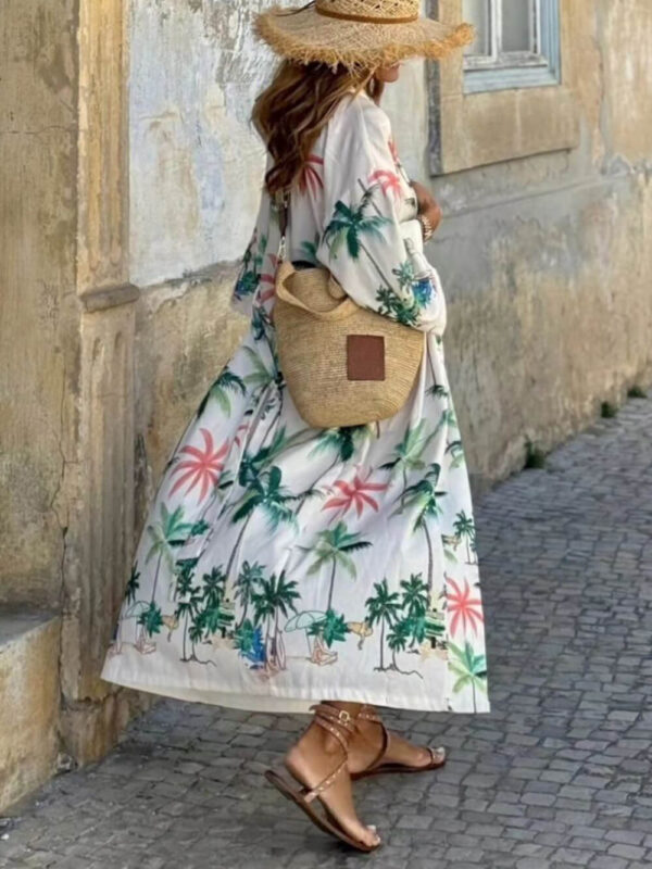 Vacation Style Botanical Print Tie-Waist Long Cover-Up Dress - Image 2