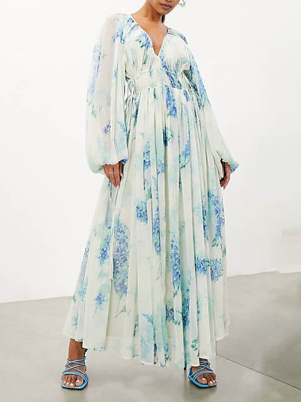 Ocean Flower Chiffon Floral Drawstring Waist Maxi Dress - Image 4