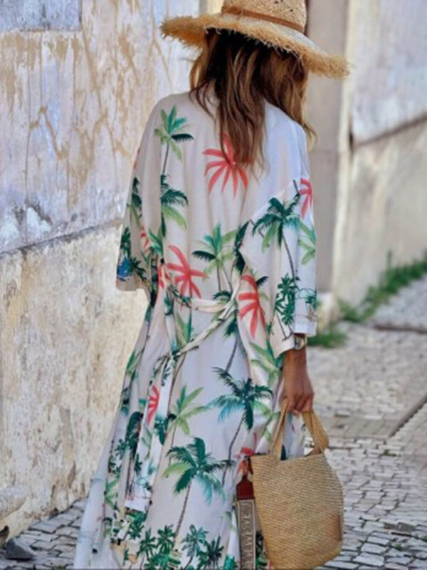 Vacation Style Botanical Print Tie-Waist Long Cover-Up Dress - Image 5