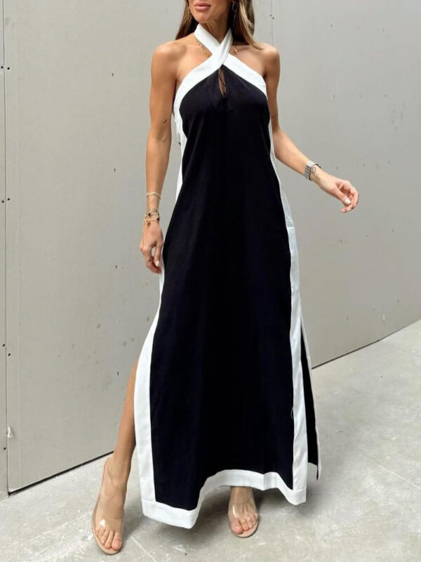 Color Block Halter Neck Slit Maxi Dress - Image 2