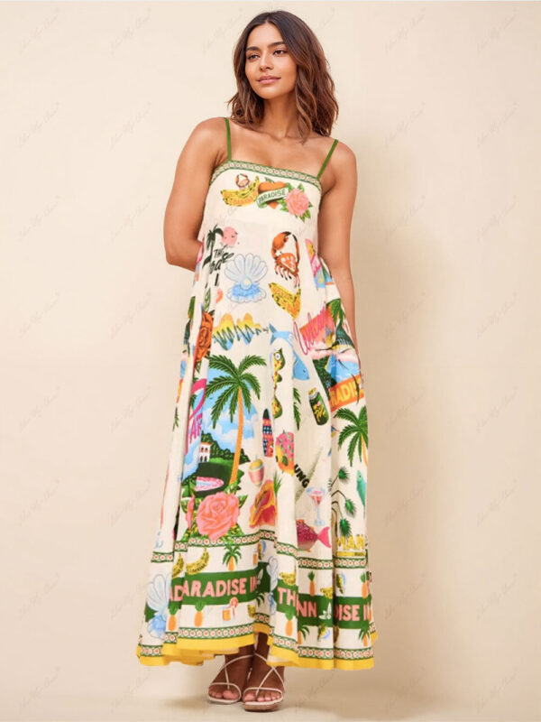 Unique Print Smocked Back Pocket Maxi Dress