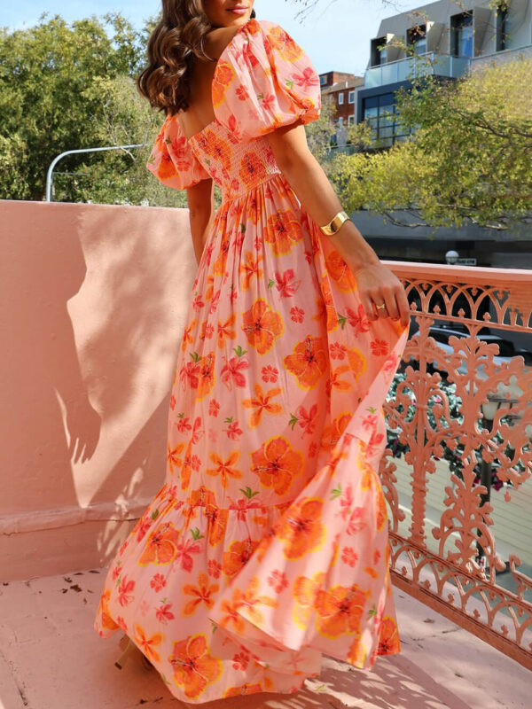 Floral Print Puff Sleeve Back Smocked Pocket Maxi Dress - Image 2