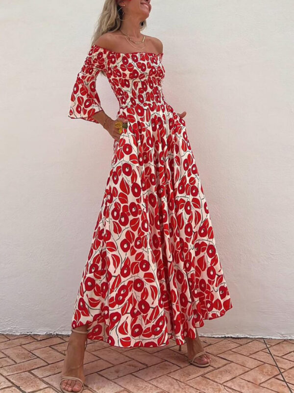 Floral Print Smocked Off Shoulder Pocketed Maxi Dress - Image 2