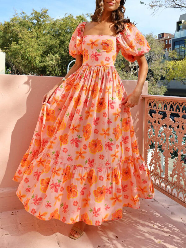 Floral Print Puff Sleeve Back Smocked Pocket Maxi Dress - Image 3