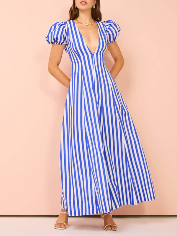 Bubble Sleeve In Stripe Wavy Maxi Dress - Image 3