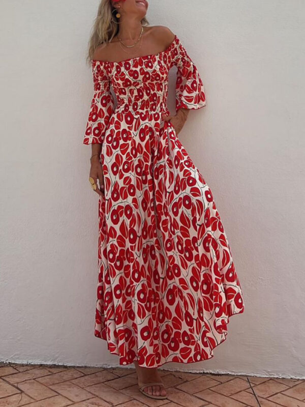 Floral Print Smocked Off Shoulder Pocketed Maxi Dress - Image 3