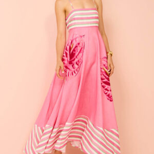 Floral Print Paneled Striped Suspender Maxi Dress