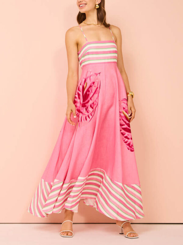 Floral Print Paneled Striped Suspender Maxi Dress