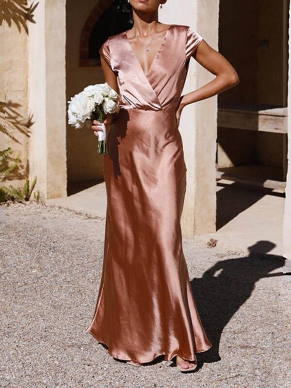 Spring/Summer Satin Solid Color V-Neck Fishtail Party Dress - Image 5