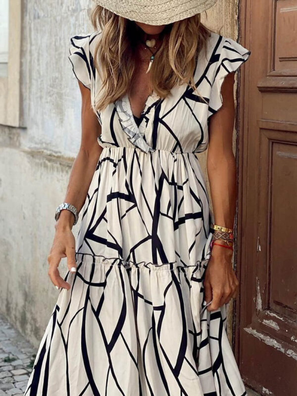 Geometric Print V-Neck Ruffled Hem Maxi Dress - Image 2