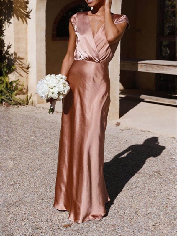 Spring/Summer Satin Solid Color V-Neck Fishtail Party Dress - Image 6