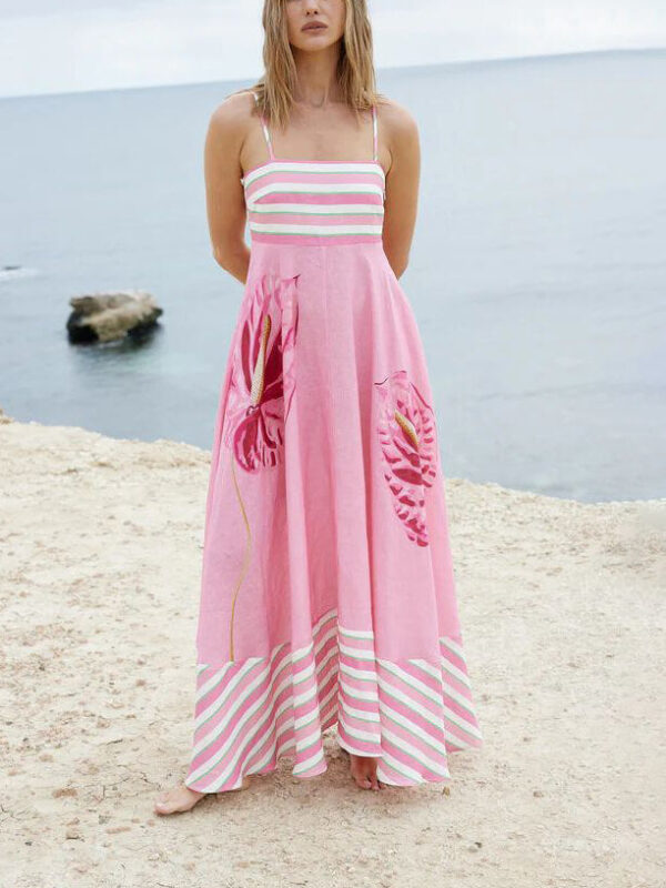 Floral Print Paneled Striped Suspender Maxi Dress - Image 4