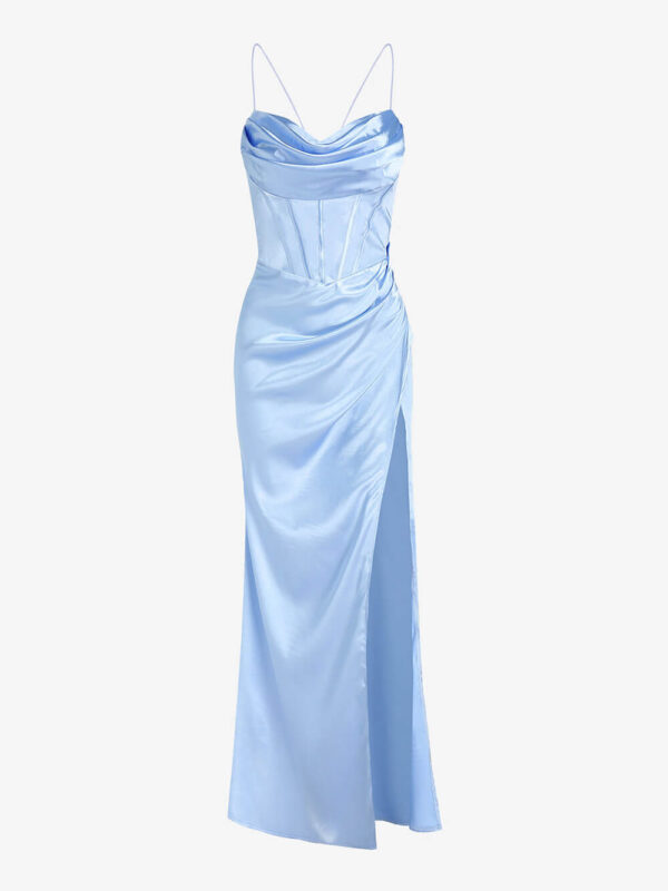 Elegant Fitted Satin Pleated Maxi Dress - Image 8