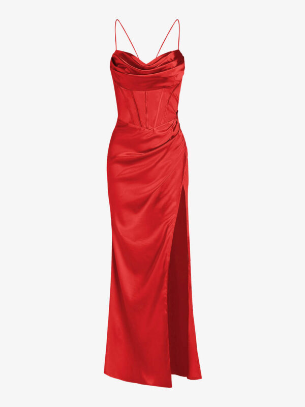 Elegant Fitted Satin Pleated Maxi Dress - Image 5