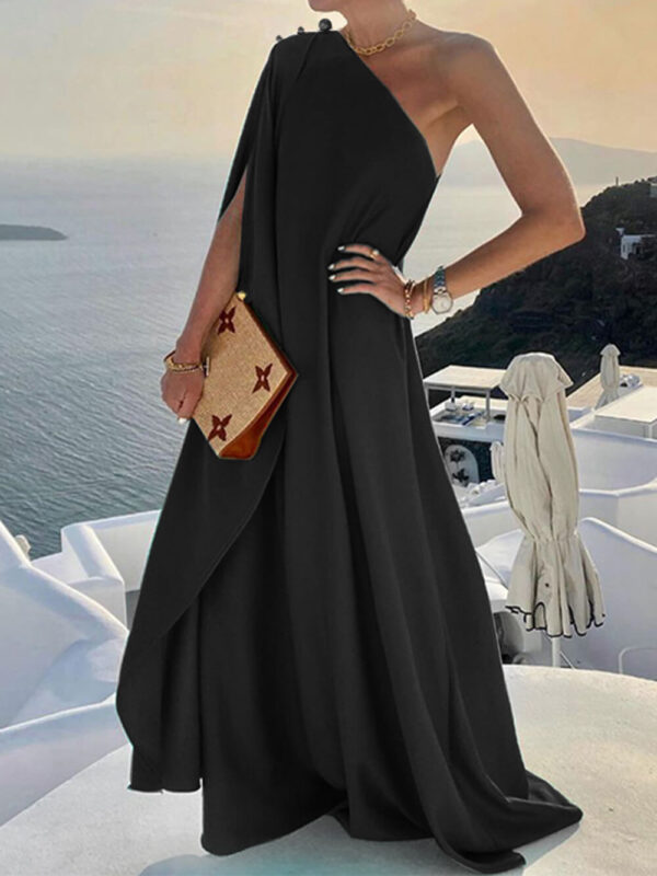 Fashionable Solid Color Loose One Shoulder Maxi Dress - Image 2