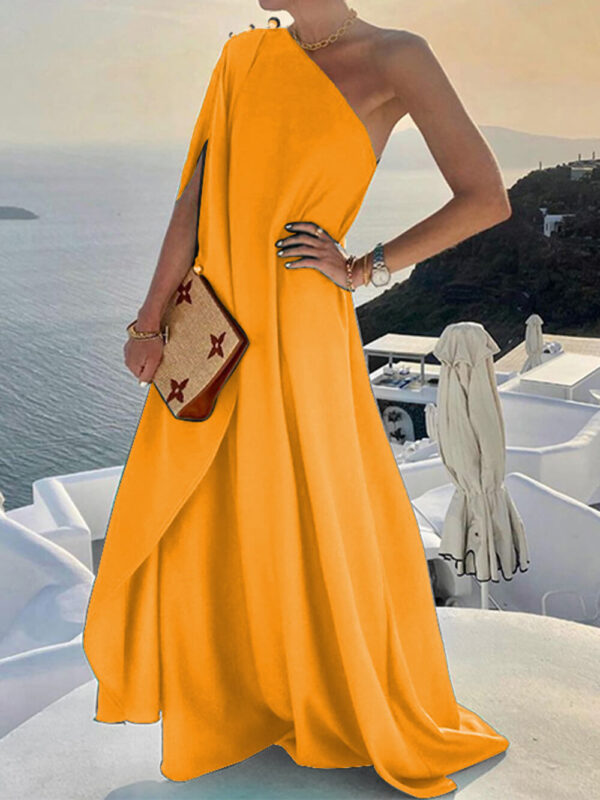 Fashionable Solid Color Loose One Shoulder Maxi Dress - Image 3