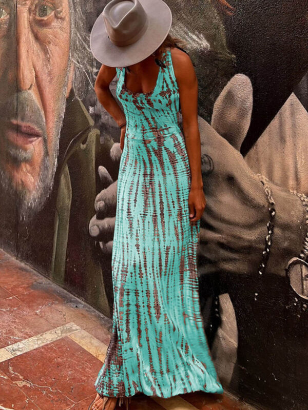 Tie-dye Print Back Lace-up Stretch Maxi Dress - Image 3