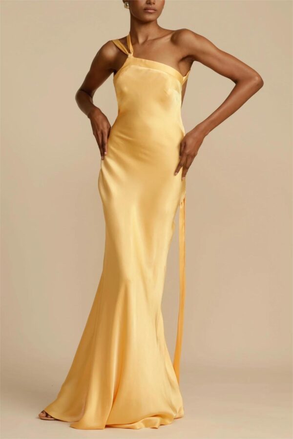 Moonlit Soiree Satin Asymmetrical One Shouder Backless Strap Maxi Dress - Image 9